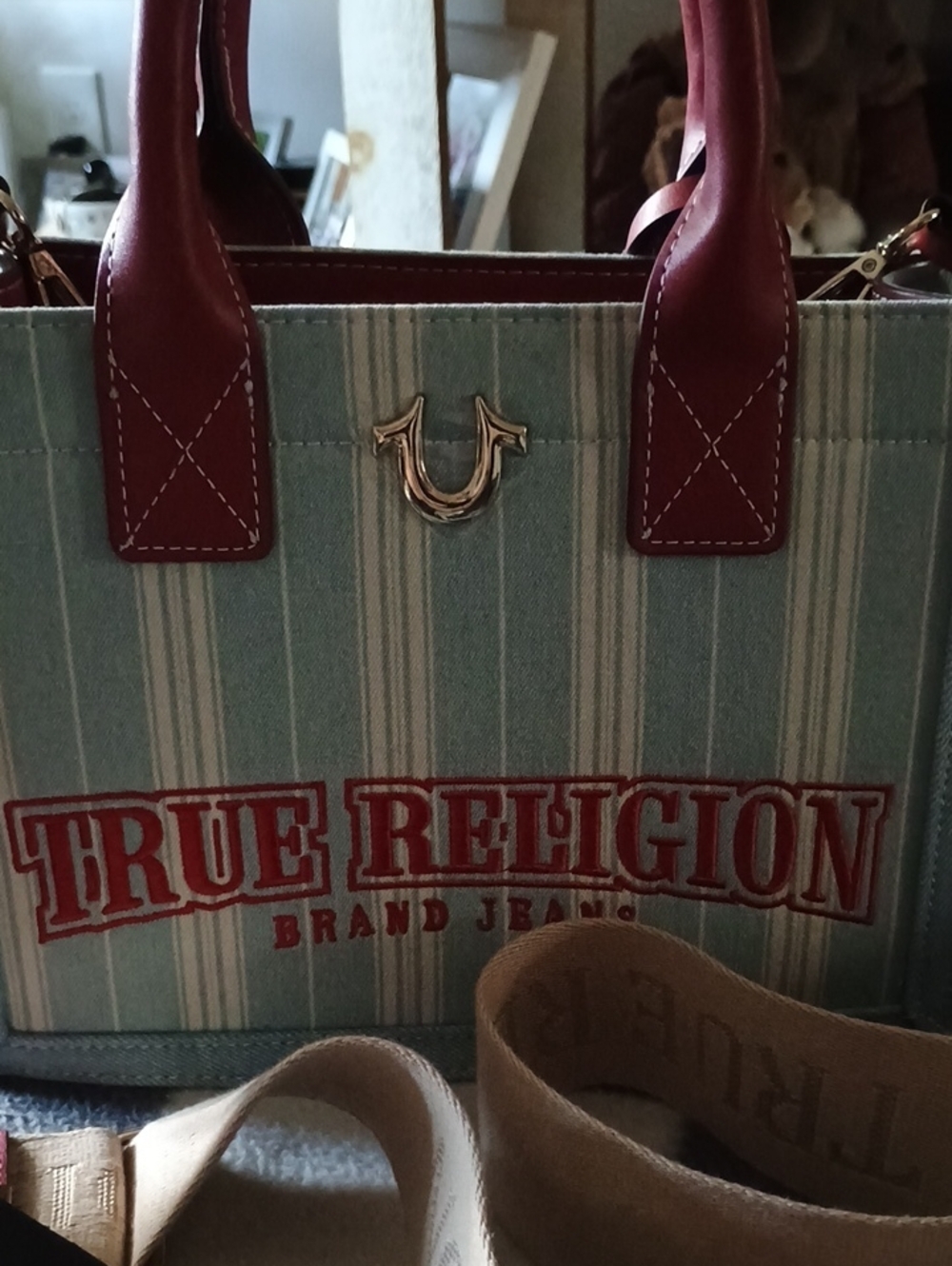 NWT True Religion Women's Stripe Tote Bag in Light Blue and Red - Picture 3 of 12